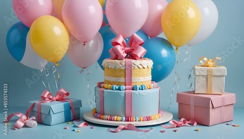 Festive Birthday Cake with Balloons and Presents