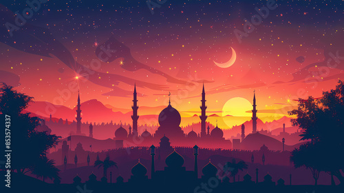 Silhouette of a majestic mosque at sunset with a crescent moon and starry sky, surrounded by palm trees and mountains. Eid mubarak