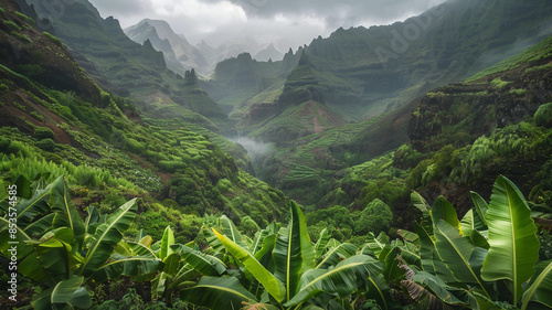 A remote mountain outpost with a stone lodge built into the cliffside, overlooking a vast valley filled with mist, ancient pine forests cloaking distant slopes, evoking a sense of isolation and myster photo