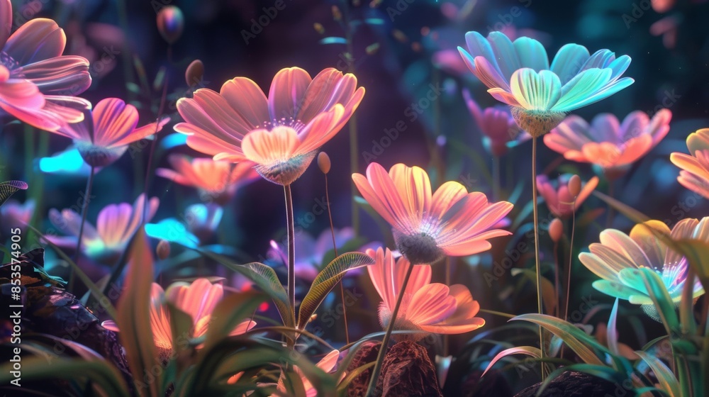 A mesmerizing digital garden filled with vibrant holographic flowers blooming in a surreal, futuristic display A mesmerizing digital garden filled with vibrant holographic flowers blooming in a surreal, futuristic display