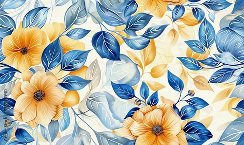 Delicate Porcelain-Inspired Floral Illustration with Blue Leaves and Yellow Flowers on Detailed Background - UHD Image photo