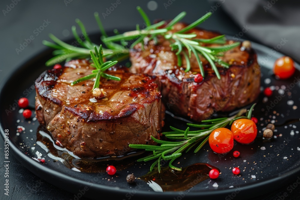 Succulent Beef Steaks on Elegant Black Plate - Gourmet Food Photography Succulent Beef Steaks on Elegant Black Plate - Gourmet Food Photography
