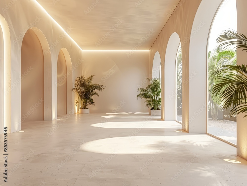 Elegant Ibiza Style Luxury Interior with Designer Wall and Grand Arched Windows, Soft Lighting, Canon 5D Mark IV Shot Elegant Ibiza Style Luxury Interior with Designer Wall and Grand Arched Windows, Soft Lighting, Canon 5D Mark IV Shot