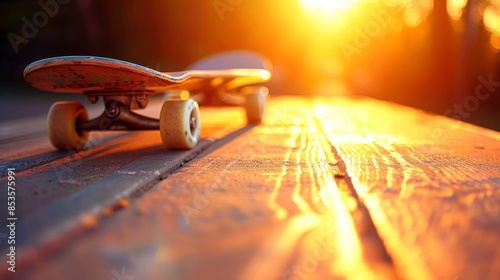 Skateboard wheel grinds rail  dynamic frozen moment, summer olympic sport symbolism photo