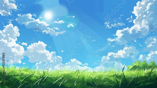 Beautiful landscape with clouds and sky. Cartoon or anime watercolor illustration style.