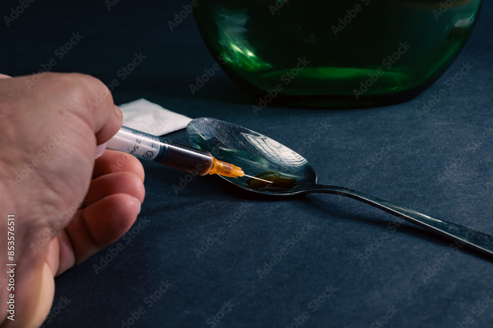 Drug addiction concept. The syringe is filled with heroin prepared in a spoon. Dark background