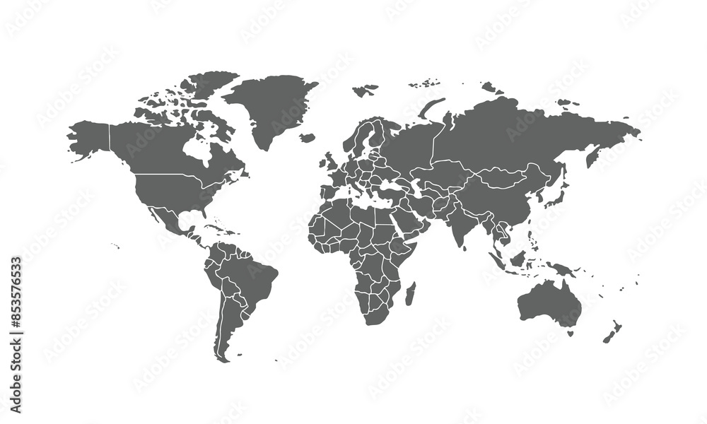 Naklejka premium Map of world isolated on white background. for website layouts, background, education, precise, customizable, Travel worldwide, map silhouette backdrop, earth geography, political, reports.