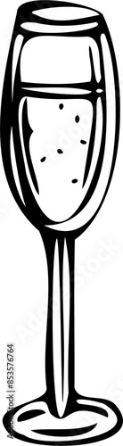 A glass of champagne is shown in a black and white drawing