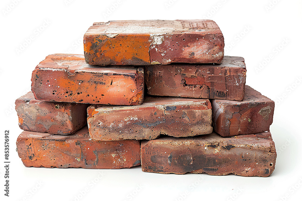 A pile of old broken bricks on a white background. Generated by artificial intelligence