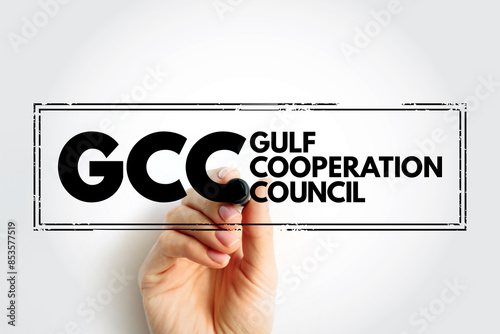 GCC Gulf Cooperation Council - regional, intergovernmental political and economic union, acronym text concept stamp