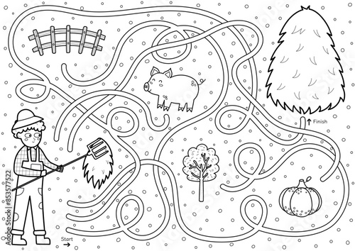 Help farmer to find a way to the stack of hay. Farm maze black and white activity for kids. Mini game in outline for school and preschool. Vector illustration