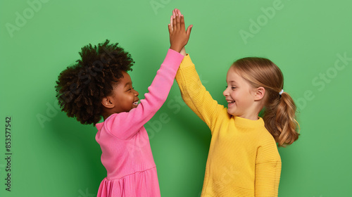 little black girl and caucasian girl happily doing hi five, diverse teamwork, inclusive classroom, light green background photo