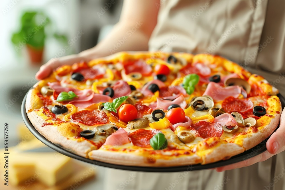 Close up of pizza held in hands with blurred background, providing ample space for text placement Close up of pizza held in hands with blurred background, providing ample space for text placement