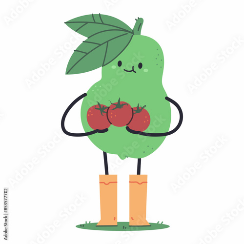 Cute guava holding tomato vector cartoon character isolated on a white background.
