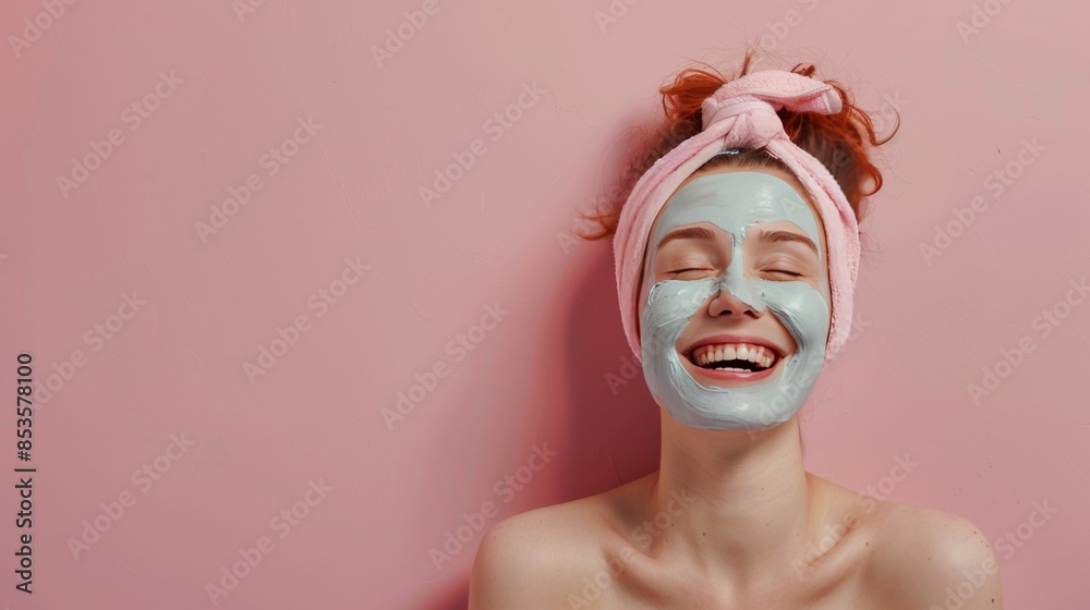 Female in her 20s with a cleansing mask laughing on pastel background. concept relaxing ads spa and face massage for designer Female in her 20s with a cleansing mask laughing on pastel background. concept relaxing ads spa and face massage for designer
