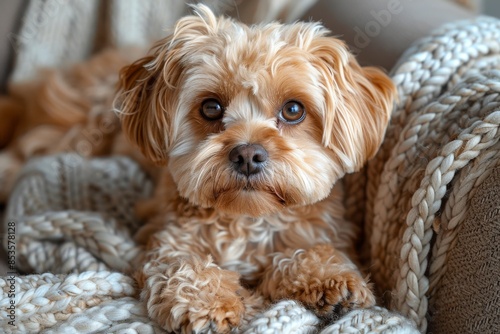 A Small Brown Dog Resting On A Knitted Blanket Indoors © Yana