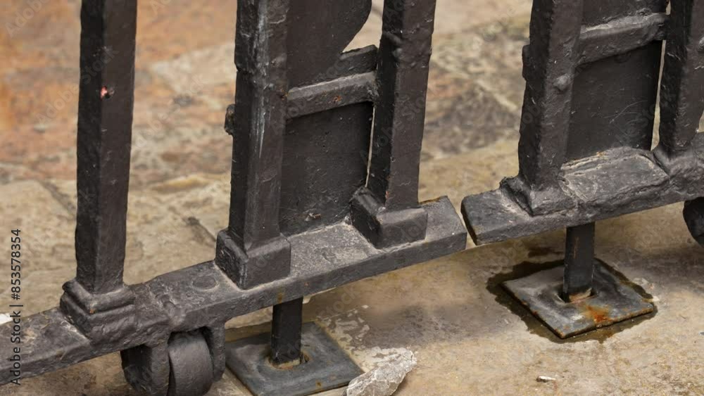 Historic wrought iron gate with locking mechanism hardware and wheels on antique stone paving close up Historic wrought iron gate with locking mechanism hardware and wheels on antique stone paving close up