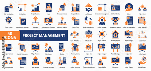 Project construction management icon collection set vector illustration. Containing subcontractor, design, success, boss, financial analysis, image industry, architecture icon. Simple line vector.