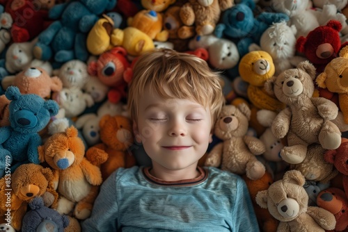 Happy young boy sleeping with eyes closed surrounded by his stuffed teddy bears toys animals a lot of toys, littered with a happy dream view from above.