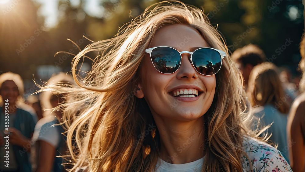 Smiling happy young student Caucasian woman in sunglasses at the summer open air festival with flowing hair and in the sunlight. Portrait, UV protection, optics. Smiling happy young student Caucasian woman in sunglasses at the summer open air festival with flowing hair and in the sunlight. Portrait, UV protection, optics.