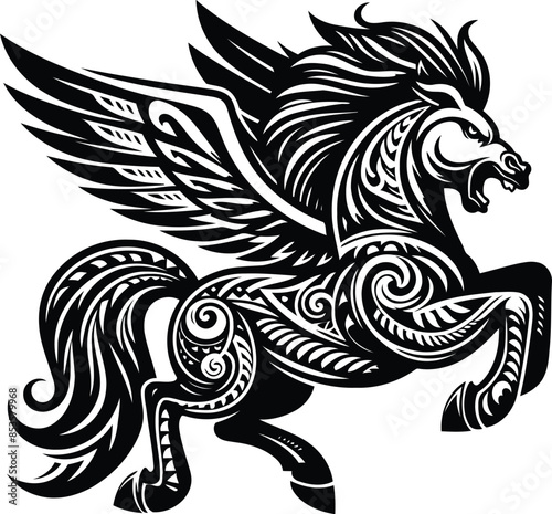  pegasus silhouete with Polynesian ethnic pattern illustration