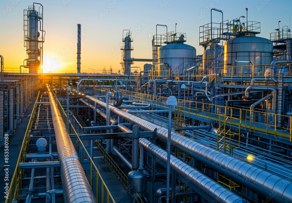 The exterior of a futuristic chemical factory with pipes and storage tanks under a clear sky The exterior of a futuristic chemical factory with pipes and storage tanks under a clear sky