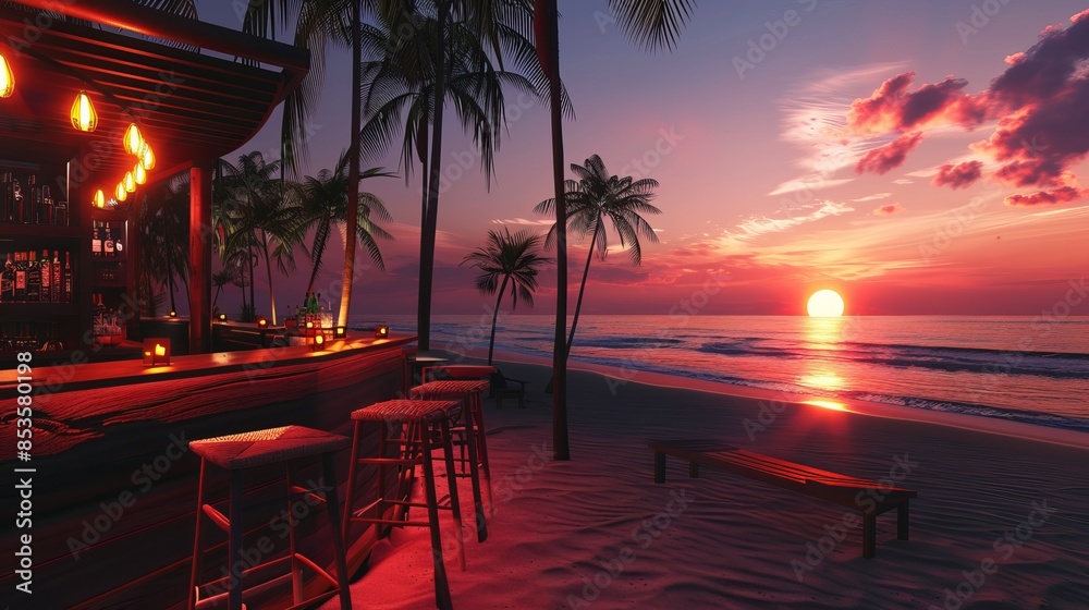 Fototapeta premium Bar on Beach at Sunset: Cozy Atmosphere