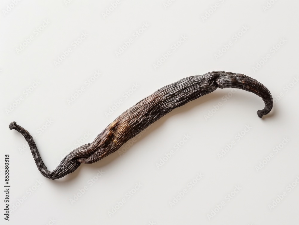 Whole vanilla bean pod curved on a white surface showing natural shape