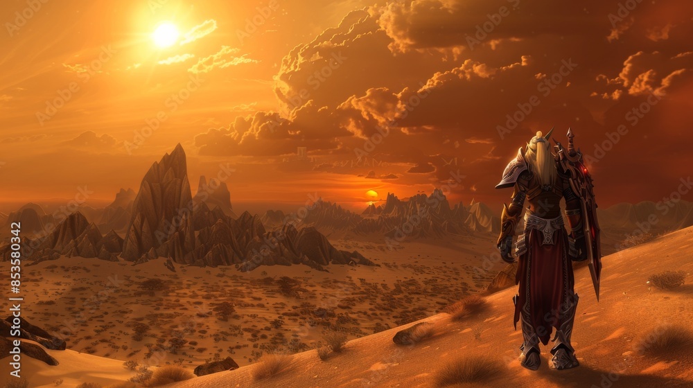 A Lone Warrior Stands in a Desert Landscape at Sunset