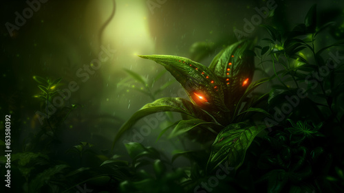 Furcht erregende grüne Alien Pflanze mit leuchtenden orangen Augen in einer anderen Welt, Sci-Fi Hintergrundbild photo