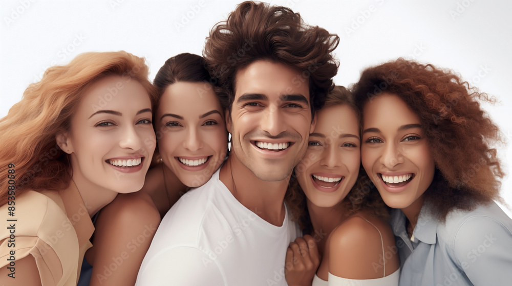Obraz premium Group of Friends Smiling Together Against a White Background