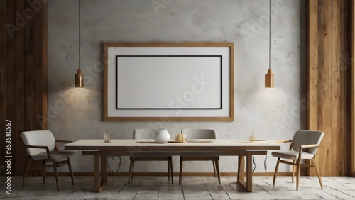 mock up of a white blank frame in a modern wooden interior