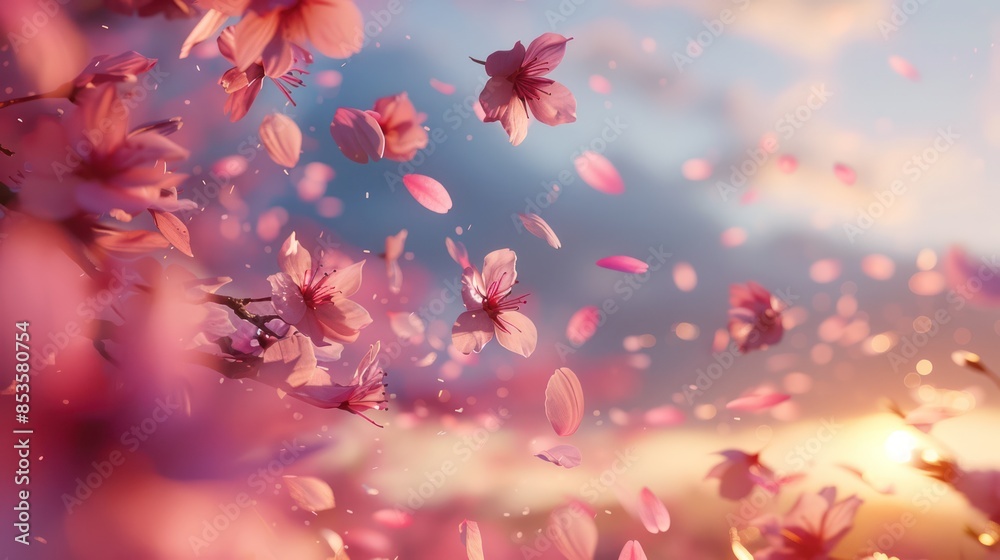 Delicate Pink Cherry Blossoms Falling in the Wind During a Sunny Spring Day Delicate Pink Cherry Blossoms Falling in the Wind During a Sunny Spring Day