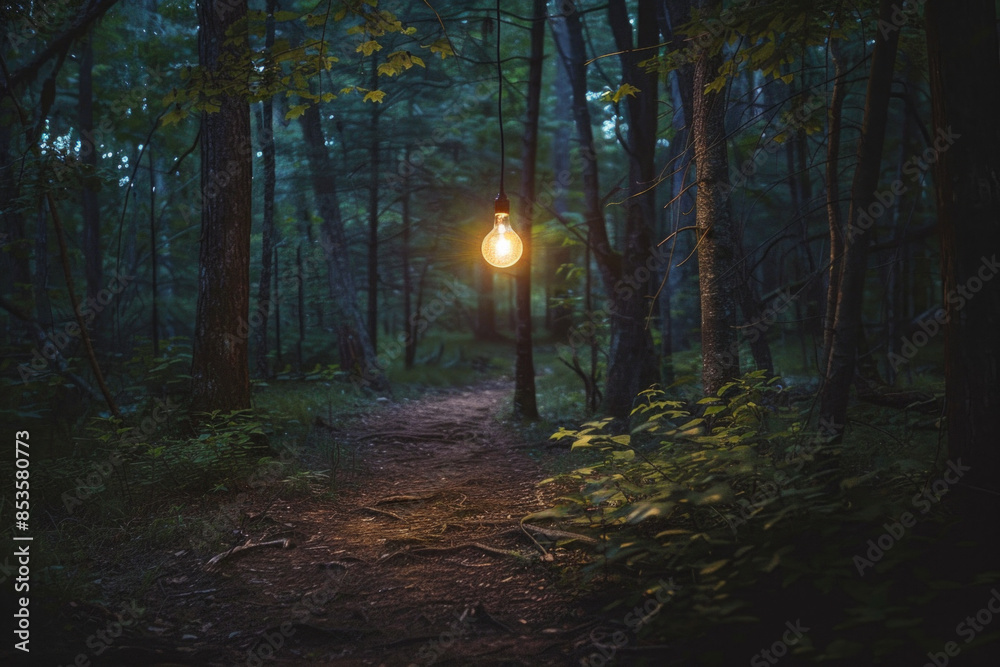 Obraz premium A single light bulb hanging in a forest, illuminating a path