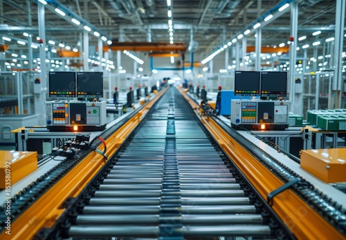 The interior of a modern electronics manufacturing facility with conveyor belts and machinery © Lucianastudio