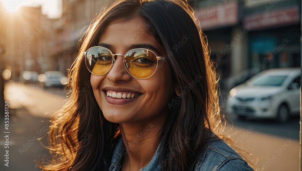 Smiling happy middle-aged Indian woman in sunglasses in the city center with flowing hair and in the sunlight. Portrait, UV protection, optics. 