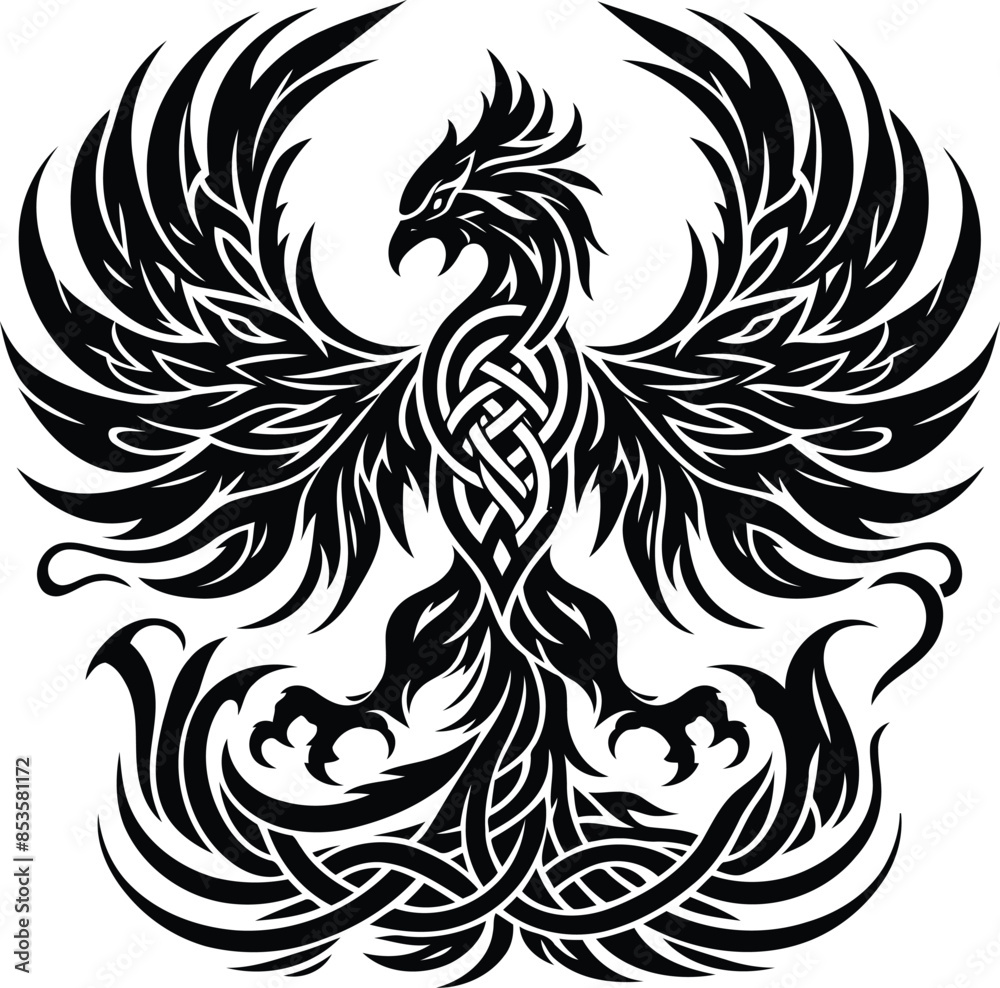 phoenix in silhouete with celtic knot pattern illustration phoenix in silhouete with celtic knot pattern illustration