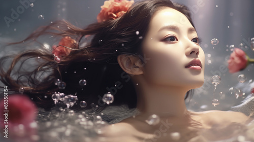 Serene Woman in a Bath with Floating Flowers
