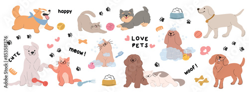 Cute pet doodle vector set. Cartoon dogs and cats characters design collection with flat color in different poses, toy, ball, pet food, bowl. Set of funny pet animals isolated on white background.
