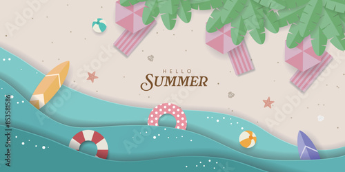 Top view Summer Vacation Illustration.  Hello  summer holiday banner with colorful summer items