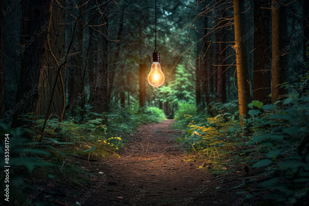 Fototapeta premium A single light bulb hanging in a forest, illuminating a path