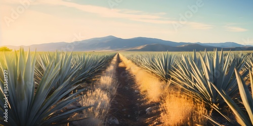 Agave field in South America Utilized for tequila and cosmetic ingredient production. Concept Agave Fields, Tequila Production, Cosmetic Ingredient, South America, Agave Plantation photo