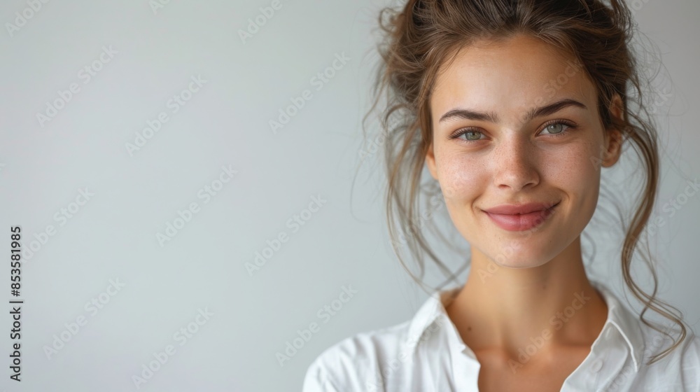 Confident professional woman smiling at camera, close-up portrait on white background, captured in high-definition with Fujifilm quality. Confident professional woman smiling at camera, close-up portrait on white background, captured in high-definition with Fujifilm quality.