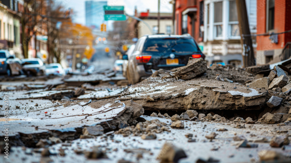 Impact of Earthquake Damage on City Streets Traffic Issues and Safety Concerns. Concept Earthquake Damage Impact of Earthquake Damage on City Streets Traffic Issues and Safety Concerns. Concept Earthquake Damage