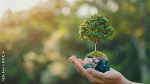 Hand human holding green earth  tree  ESG