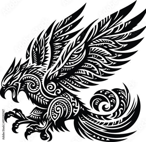  phoenix silhouete with Polynesian ethnic pattern illustration