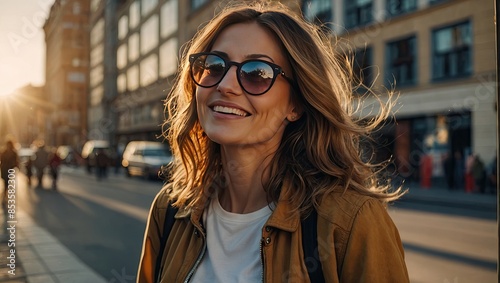 Smiling happy middle-aged Caucasian woman in sunglasses in the city center with flowing hair and in the sunlight. Portrait, UV protection, optics