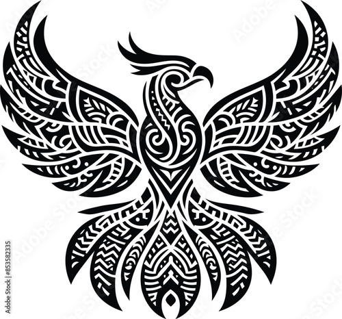  phoenix silhouete with Polynesian ethnic pattern illustration