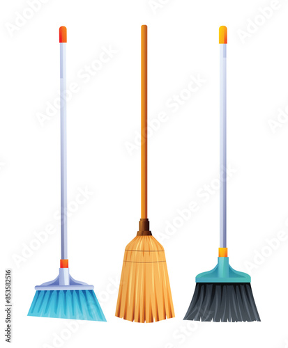 Set of brooms in different types. Vector cartoon illustration