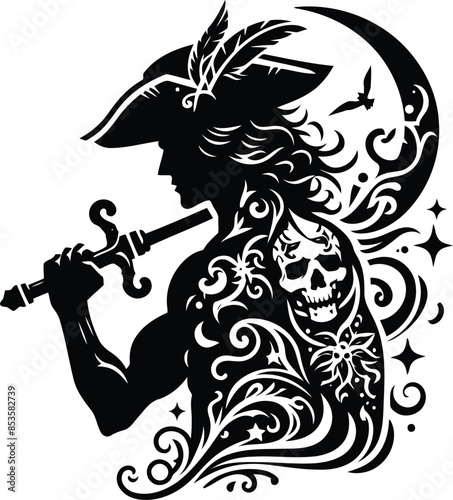 pirate in silhouete with bohemian nature pattern illustration